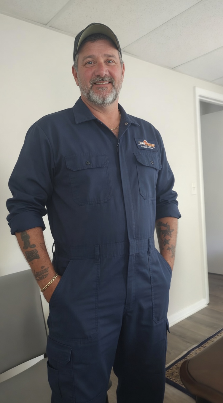 Gary Brewer in his work coveralls
